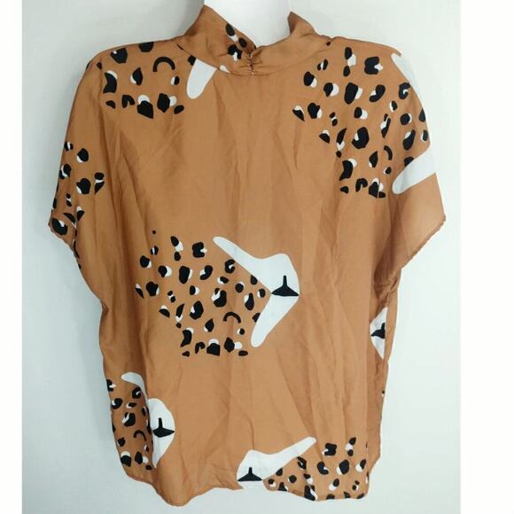 Hutch Women's Leopard Printed V-Neck Short Sleeve Blouse Tops Brown Size XL - Picture 4 of 7